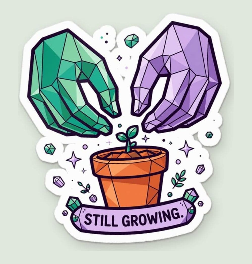 Two stylized crystalline hands patiently tending a tiny sprout in a terracotta pot, as a sticker (example made with AI)