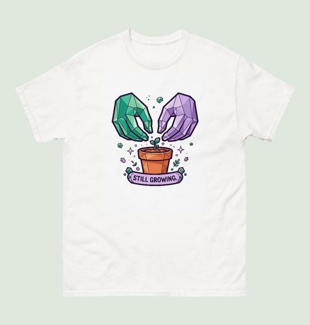 Two stylized crystalline hands patiently tending a tiny sprout in a terracotta pot, on a t-shirt (example made with AI)