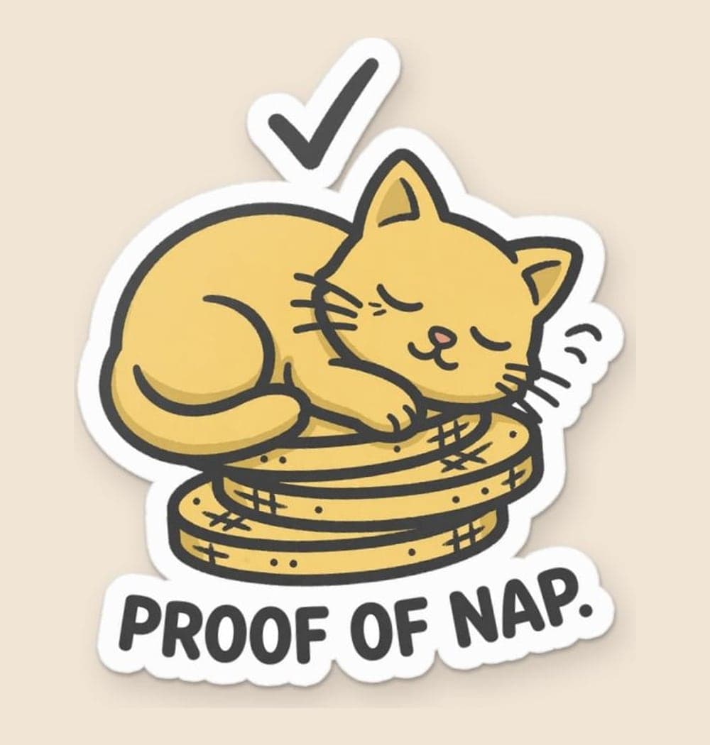 An original cartoon cat asleep on a small stack of generic digital coins, with a simple checkmark above it, as a sticker (example made with AI)