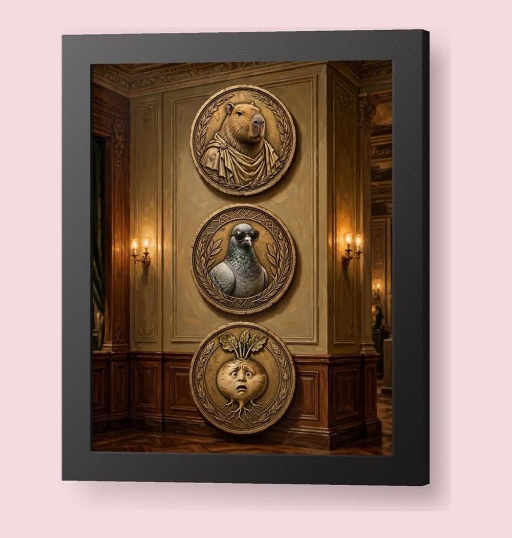An elegant imaginary museum interior displaying absurd original coin portraits: a capybara in a robe, a pigeon in sunglasses, and a bewildered turnip, on a framed print (example made with AI)