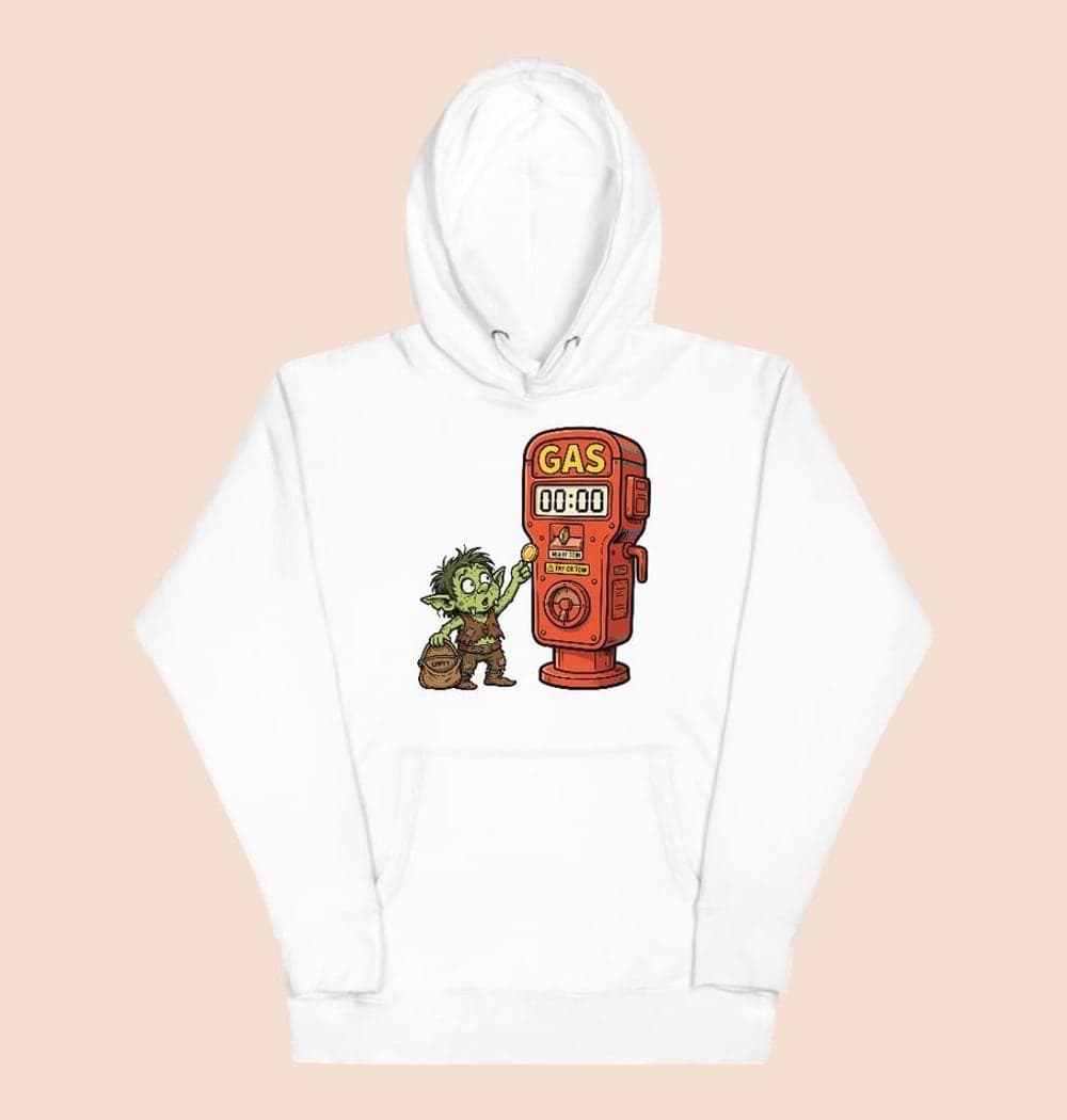 An original tiny goblin feeding an enormous parking meter labeled “GAS.” Give it a comically empty purse and a bewildered expression, on a hoodie (example made with AI)