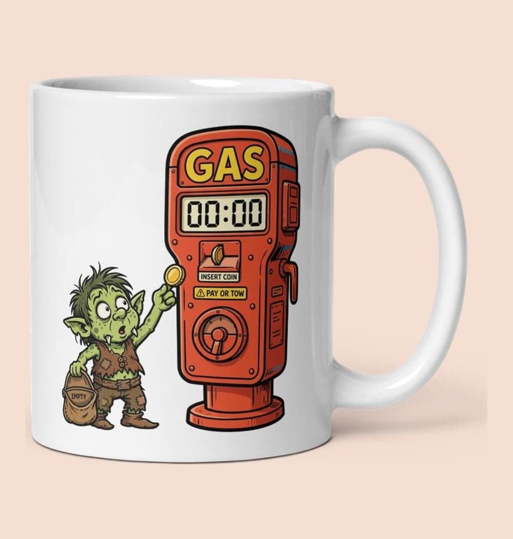 An original tiny goblin feeding an enormous parking meter labeled “GAS.” Give it a comically empty purse and a bewildered expression, on a mug (example made with AI)