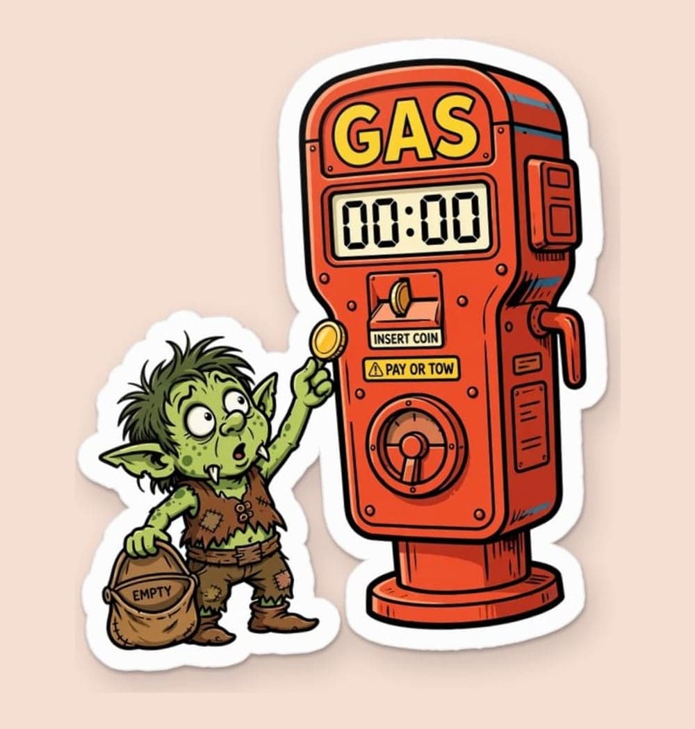 An original tiny goblin feeding an enormous parking meter labeled “GAS.” Give it a comically empty purse and a bewildered expression, as a sticker (example made with AI)