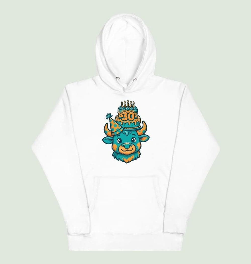 A friendly bull wearing a party hat and carefully balancing a birthday cake with the supplied age, on a hoodie (example made with AI)