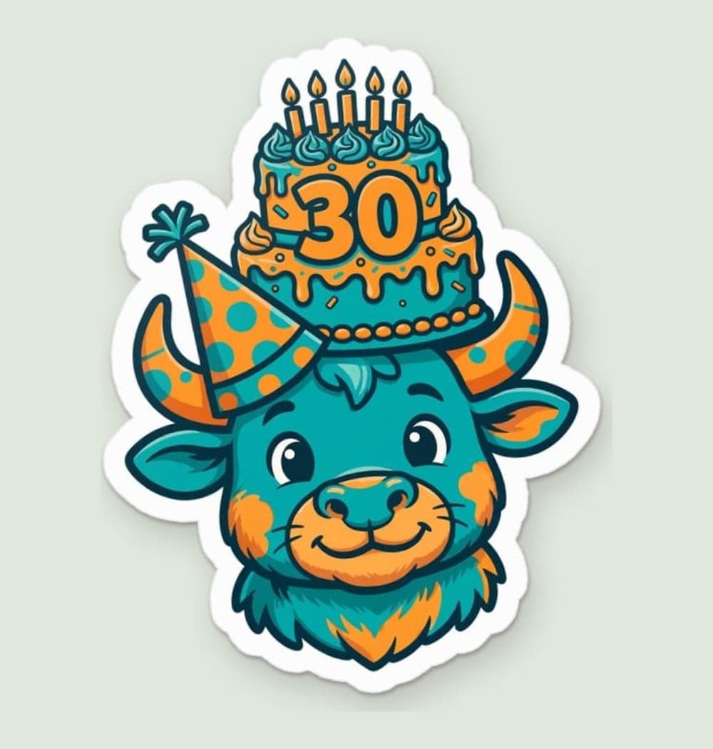 A friendly bull wearing a party hat and carefully balancing a birthday cake with the supplied age, as a sticker (example made with AI)