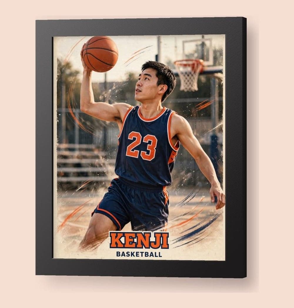 An original vintage sports trading-card-style portrait showing me playing the chosen sport, on a framed print (example made with AI)