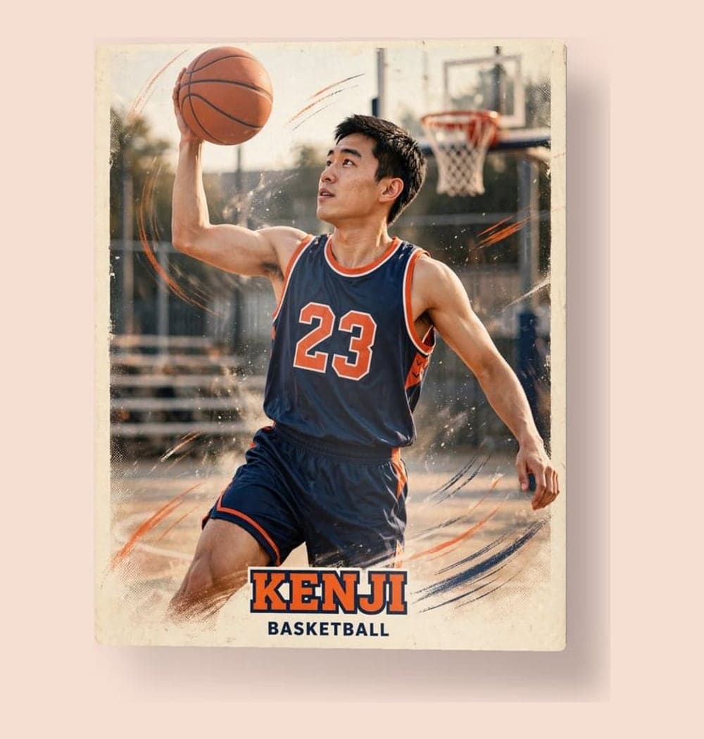 An original vintage sports trading-card-style portrait showing me playing the chosen sport, on a metal print (example made with AI)