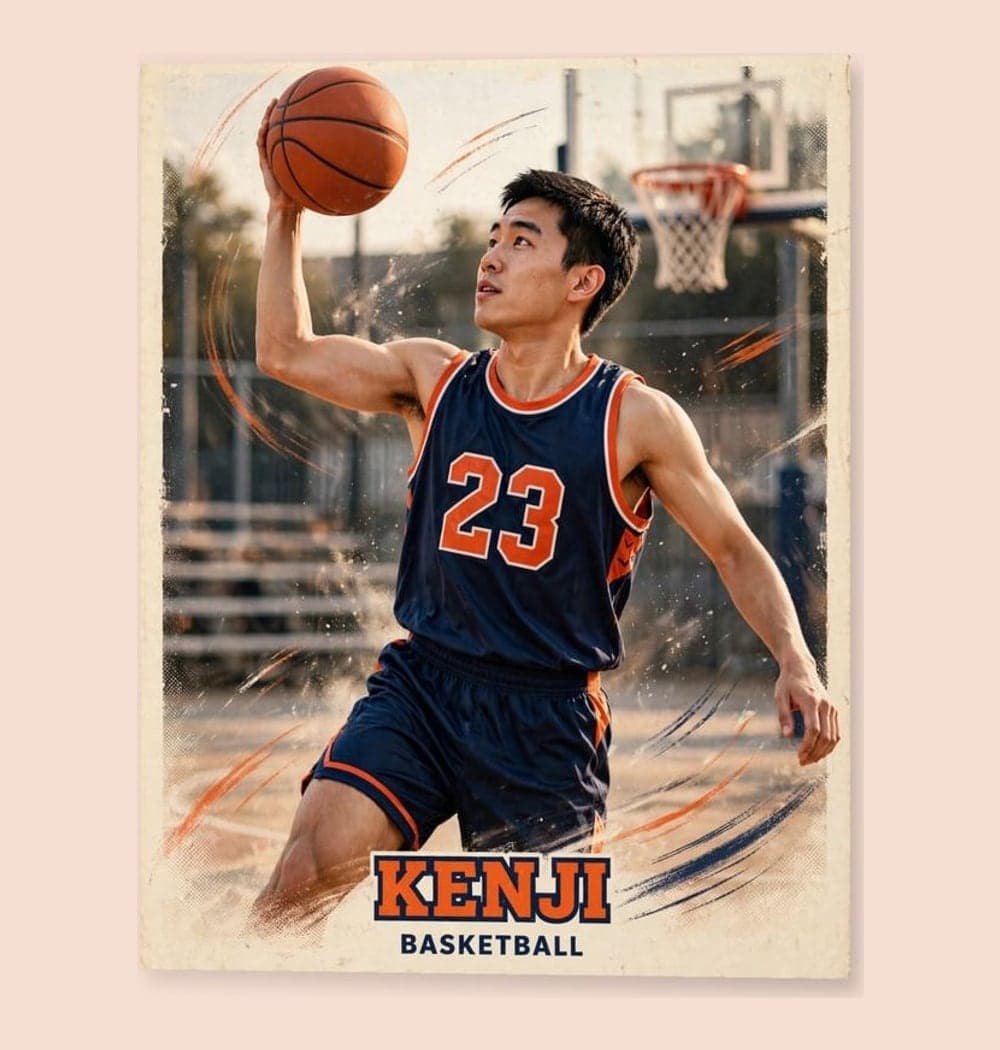 An original vintage sports trading-card-style portrait showing me playing the chosen sport, on a matte poster (example made with AI)