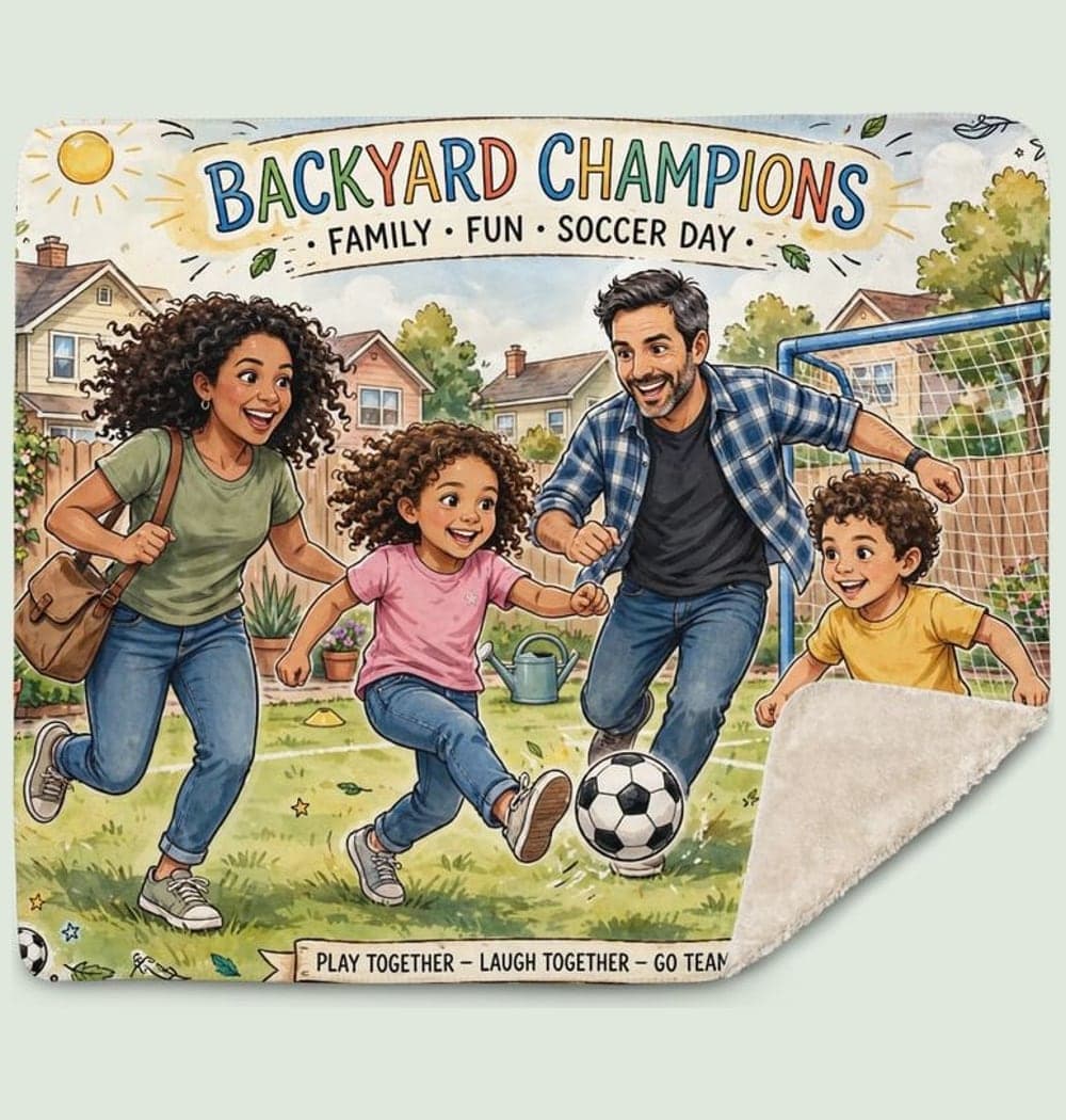 An energetic illustrated poster of the family playing the favorite backyard sport, using the supplied photos, on a blanket (example made with AI)