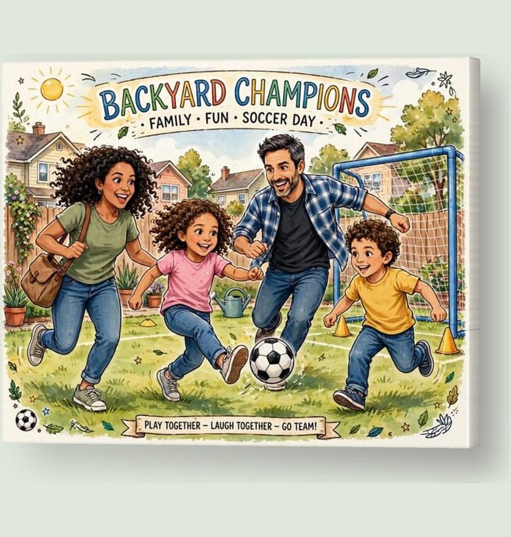 An energetic illustrated poster of the family playing the favorite backyard sport, using the supplied photos, on a canvas (example made with AI)