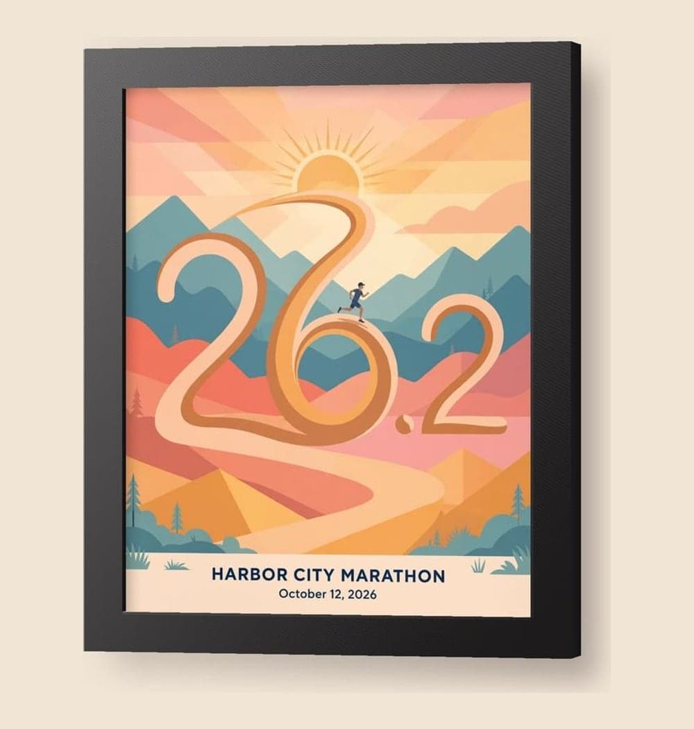 A graphic illustration of a runner moving along a winding trail that forms the supplied distance as a large visual motif, on a framed print (example made with AI)