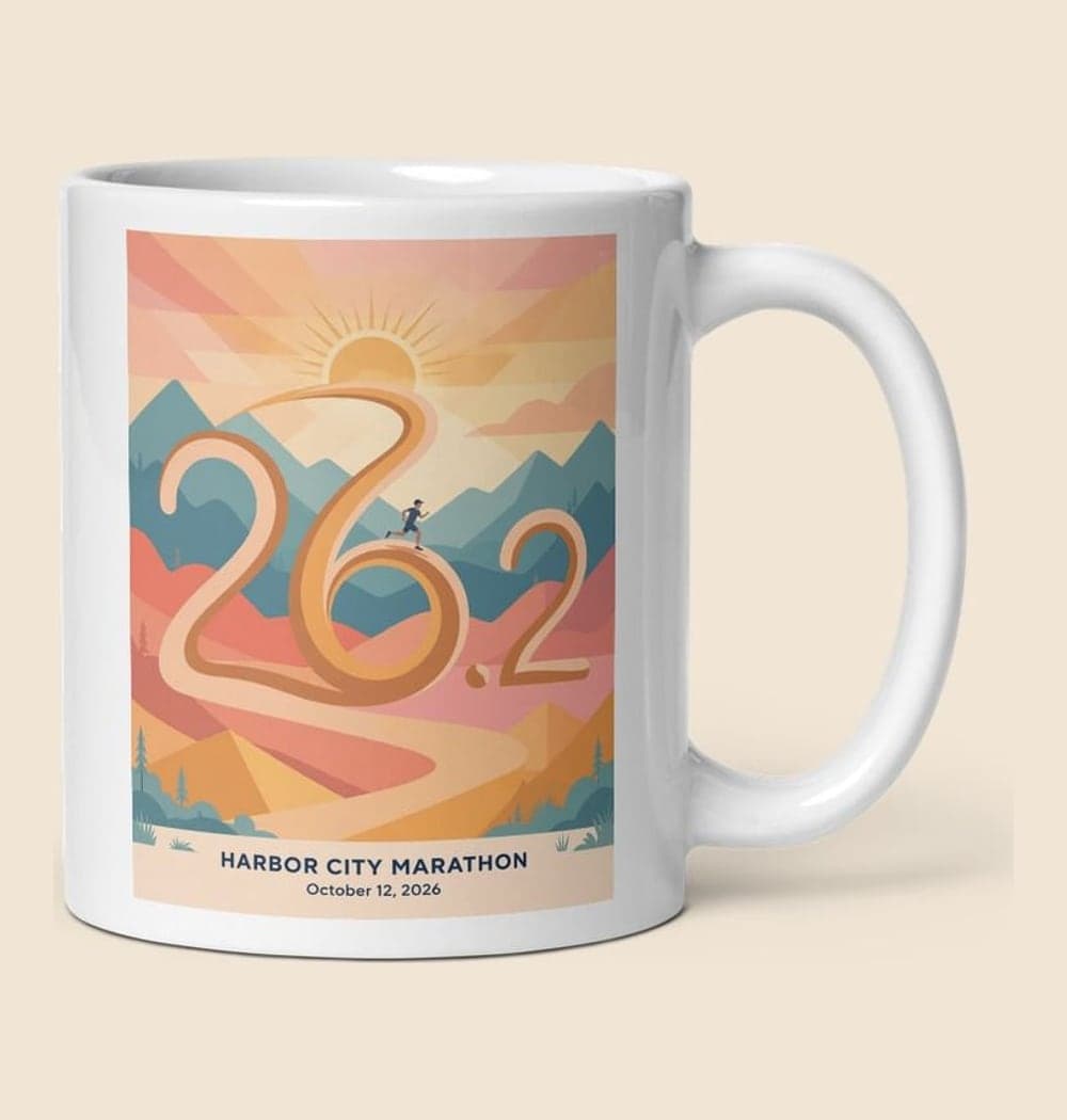 A graphic illustration of a runner moving along a winding trail that forms the supplied distance as a large visual motif, on a mug (example made with AI)