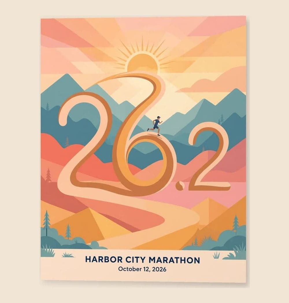 A graphic illustration of a runner moving along a winding trail that forms the supplied distance as a large visual motif, on a matte poster (example made with AI)