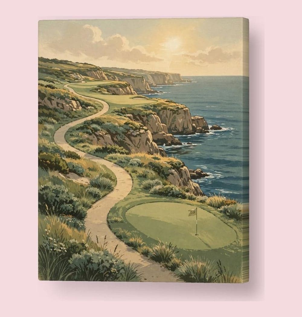 A serene imaginary golf hole winding through the supplied favorite landscape, with an inviting green and a small flag bearing the initials, on a canvas (example made with AI)