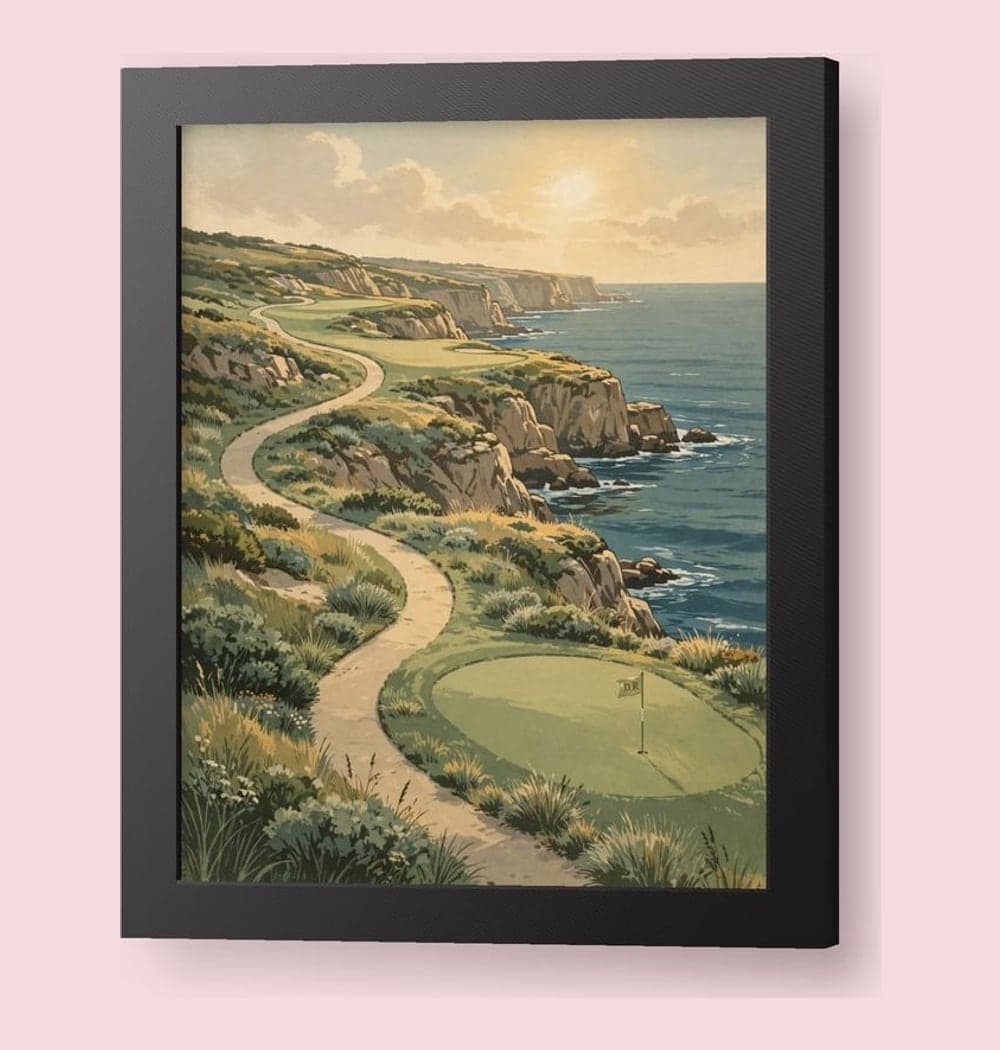 A serene imaginary golf hole winding through the supplied favorite landscape, with an inviting green and a small flag bearing the initials, on a framed print (example made with AI)