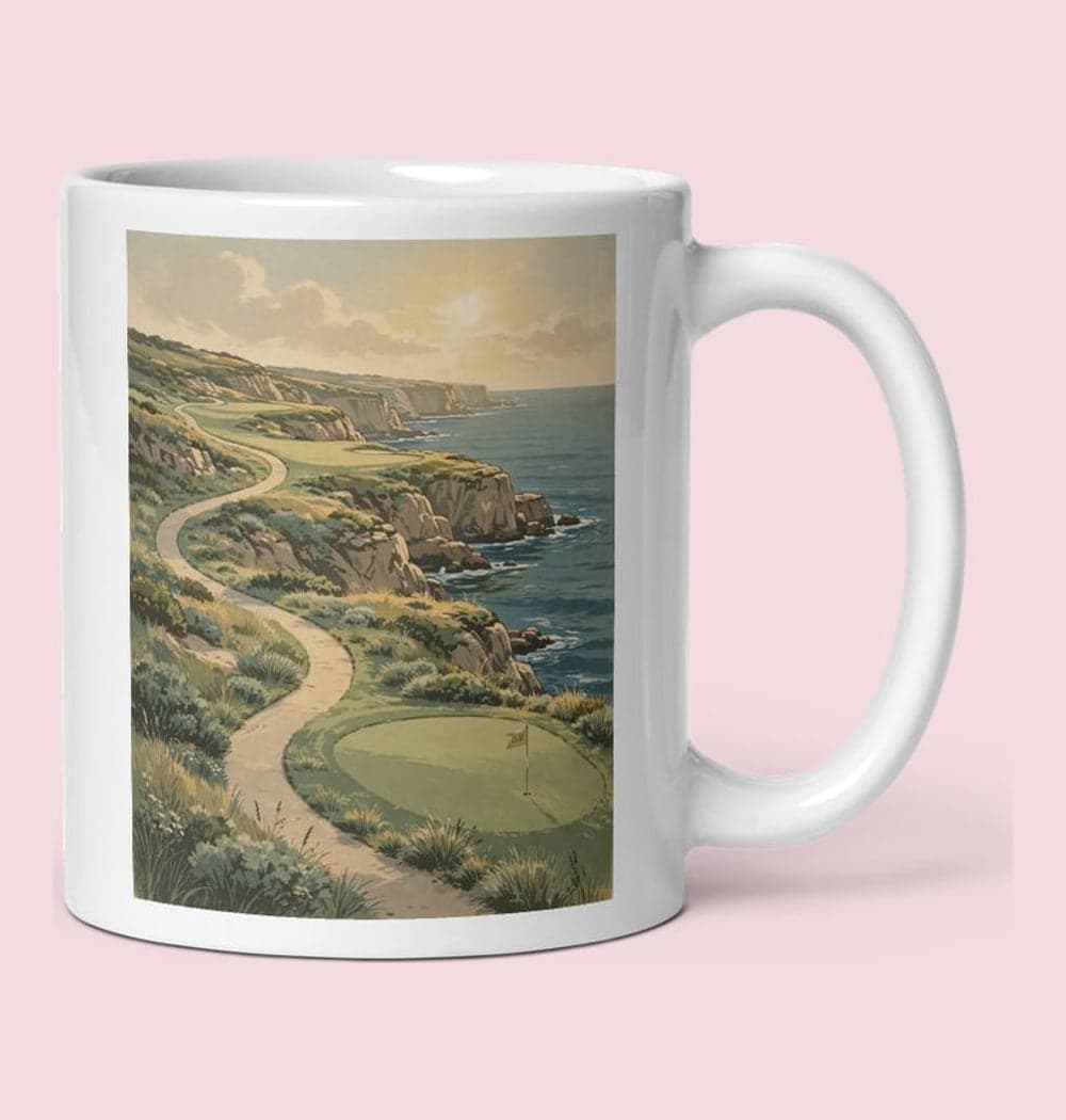 A serene imaginary golf hole winding through the supplied favorite landscape, with an inviting green and a small flag bearing the initials, on a mug (example made with AI)
