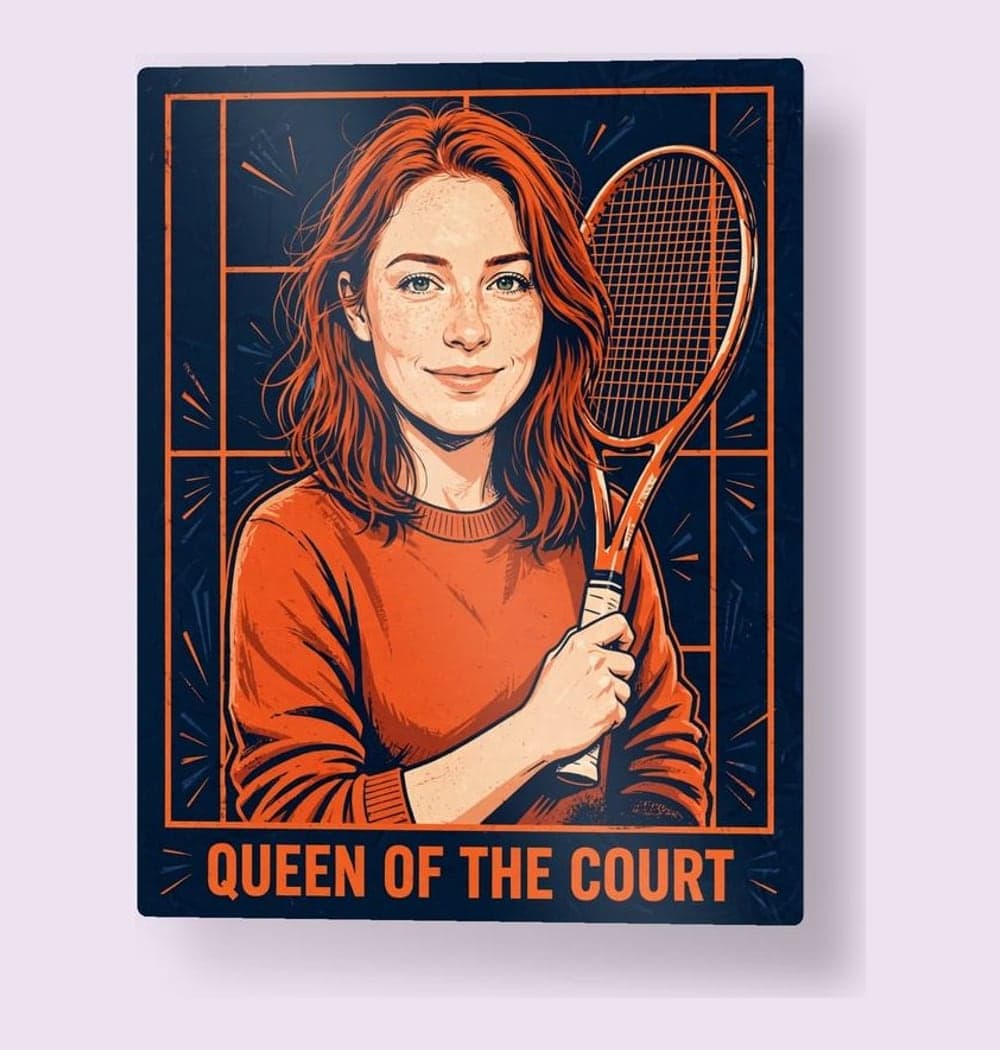 A bold illustrated portrait of the person in the photo holding equipment for their chosen court sport, posed confidently within a stylized court outline, on a metal print (example made with AI)