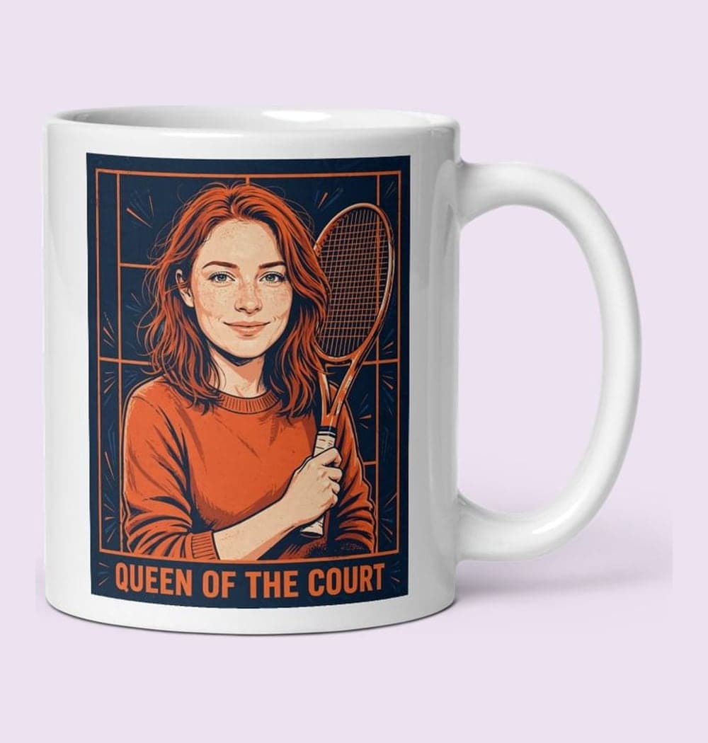 A bold illustrated portrait of the person in the photo holding equipment for their chosen court sport, posed confidently within a stylized court outline, on a mug (example made with AI)
