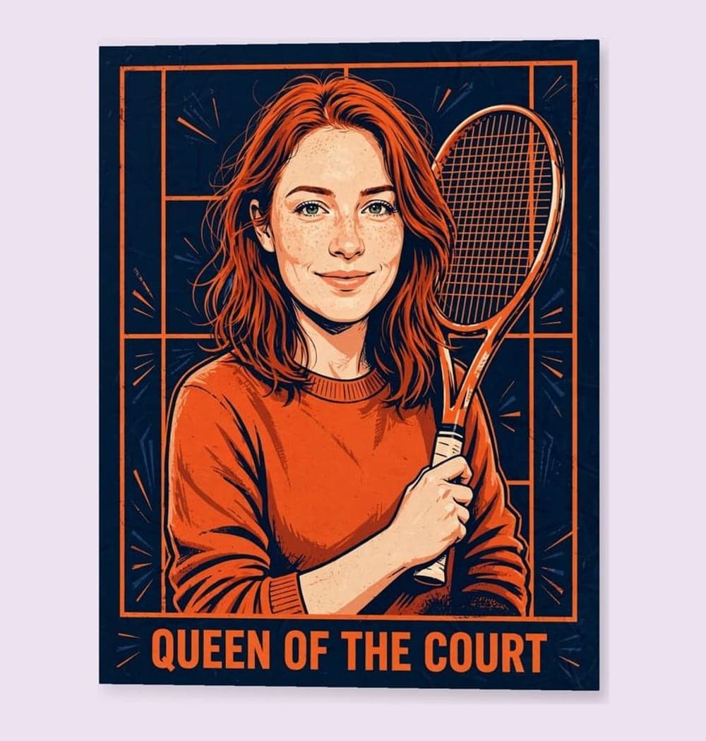 A bold illustrated portrait of the person in the photo holding equipment for their chosen court sport, posed confidently within a stylized court outline, on a matte poster (example made with AI)