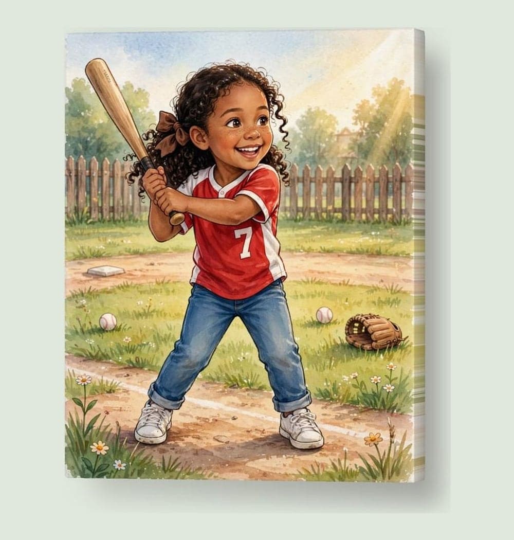 The child in the photo joyfully playing their chosen sport under warm afternoon light, on a canvas (example made with AI)