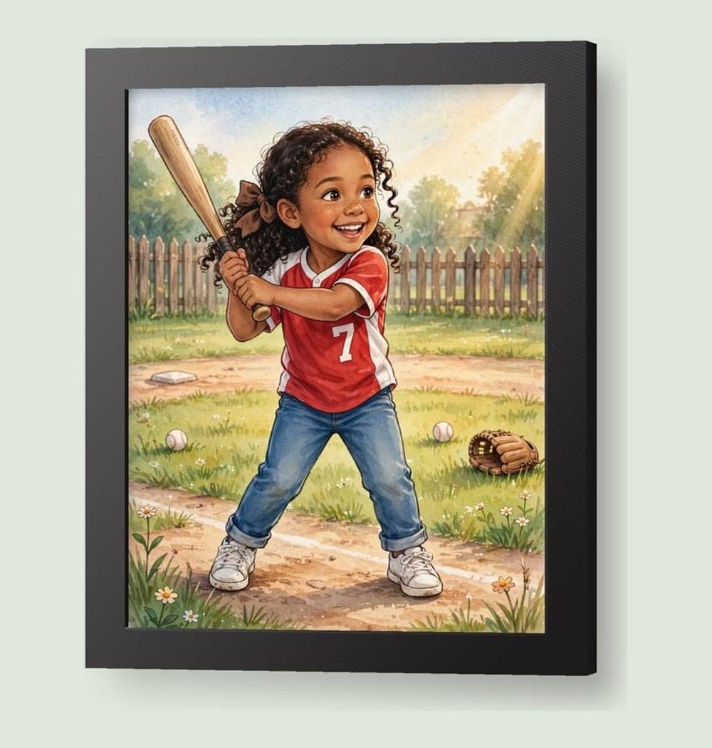 The child in the photo joyfully playing their chosen sport under warm afternoon light, on a framed print (example made with AI)