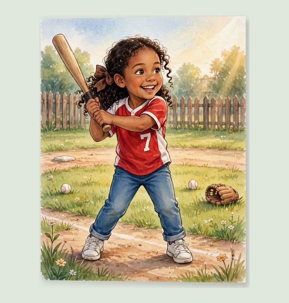 The child in the photo joyfully playing their chosen sport under warm afternoon light, on a matte poster (example made with AI)