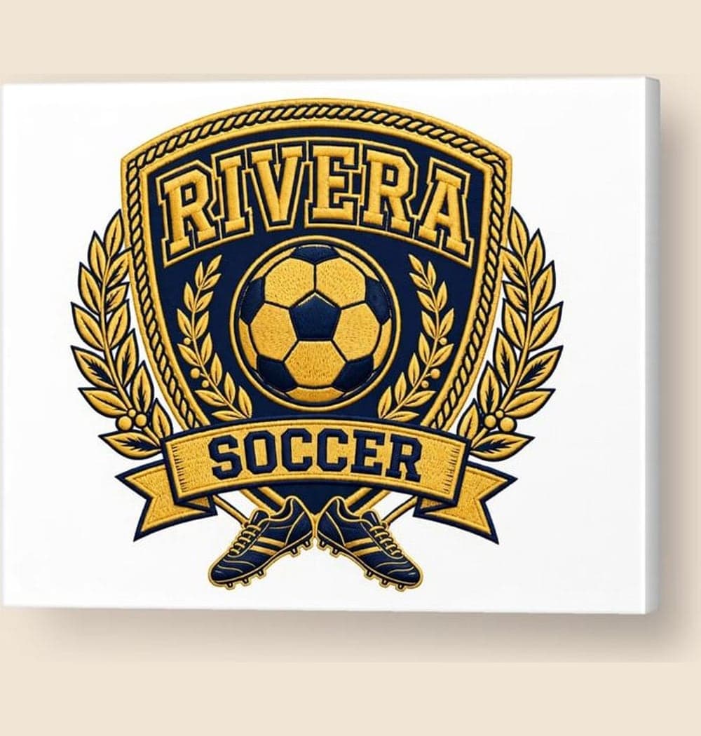 An original household sports crest using the surname, favorite sport's equipment, and chosen colors, on a canvas (example made with AI)