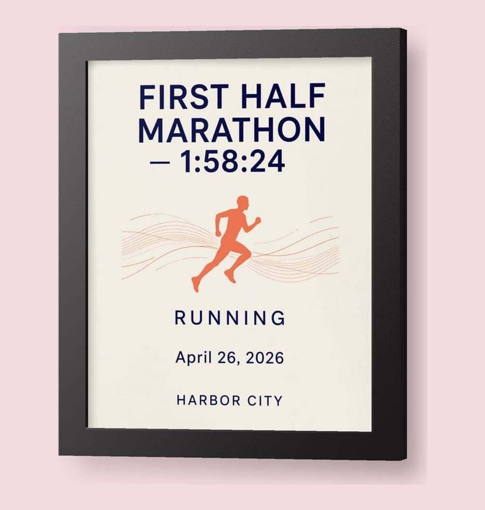 A clean commemorative sports print using the exact supplied achievement, date, and location, on a framed print (example made with AI)