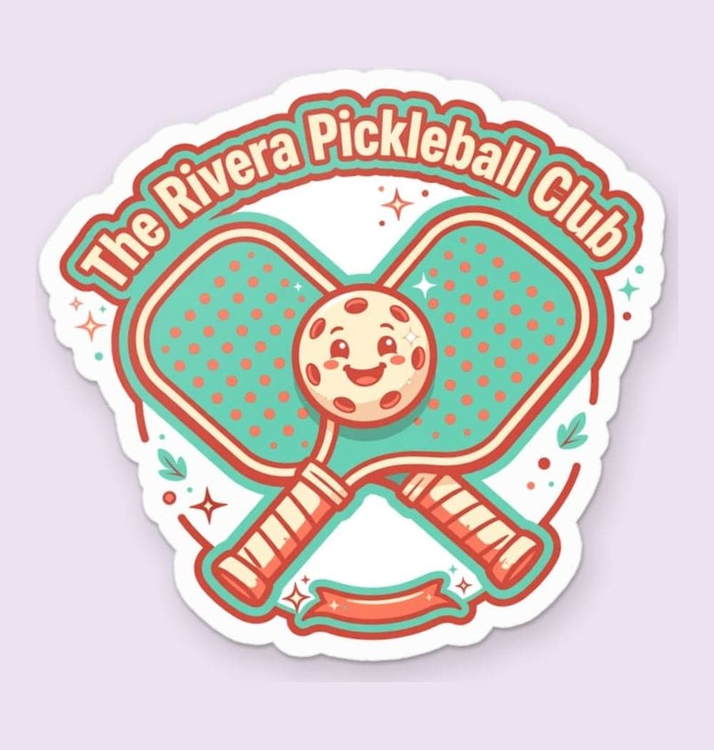 A playful original badge with two crossed paddles, a smiling ball, and the supplied club or household name, as a sticker (example made with AI)
