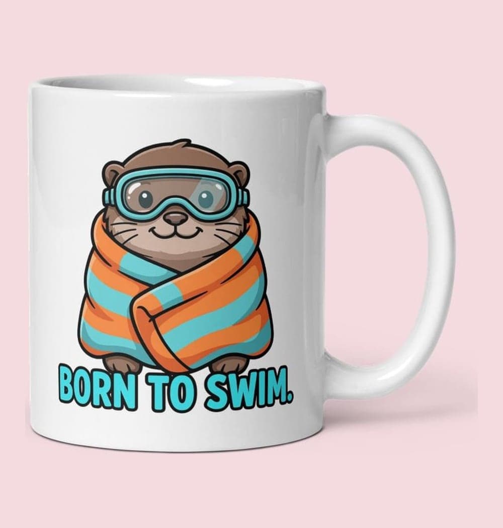 A cheerful original otter wearing swimming goggles and wrapped in an oversized towel, on a mug (example made with AI)