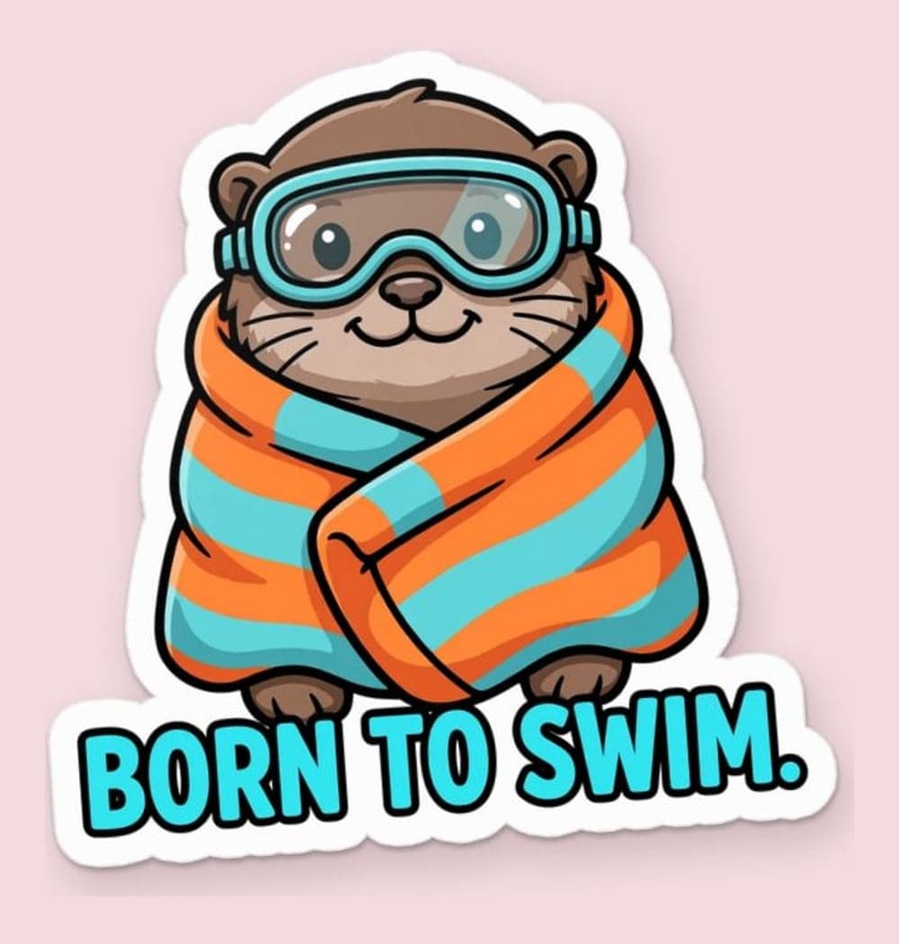 A cheerful original otter wearing swimming goggles and wrapped in an oversized towel, as a sticker (example made with AI)