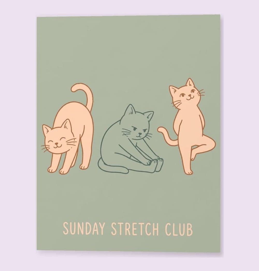 A row of three friendly original cats attempting different yoga stretches, each with a distinct expression, on a matte poster (example made with AI)