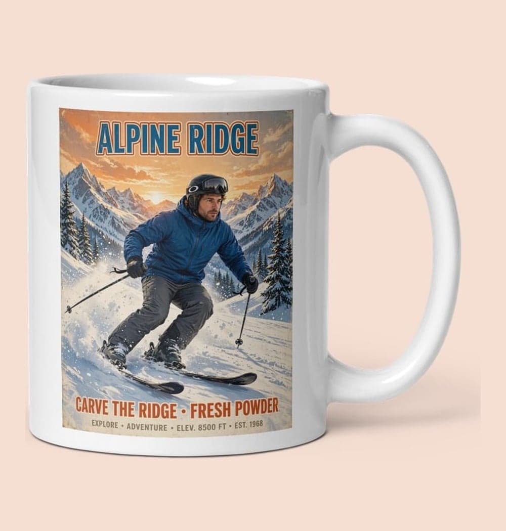 A vintage winter-sports poster showing a skier or snowboarder carving through fresh snow beneath dramatic mountains, on a mug (example made with AI)