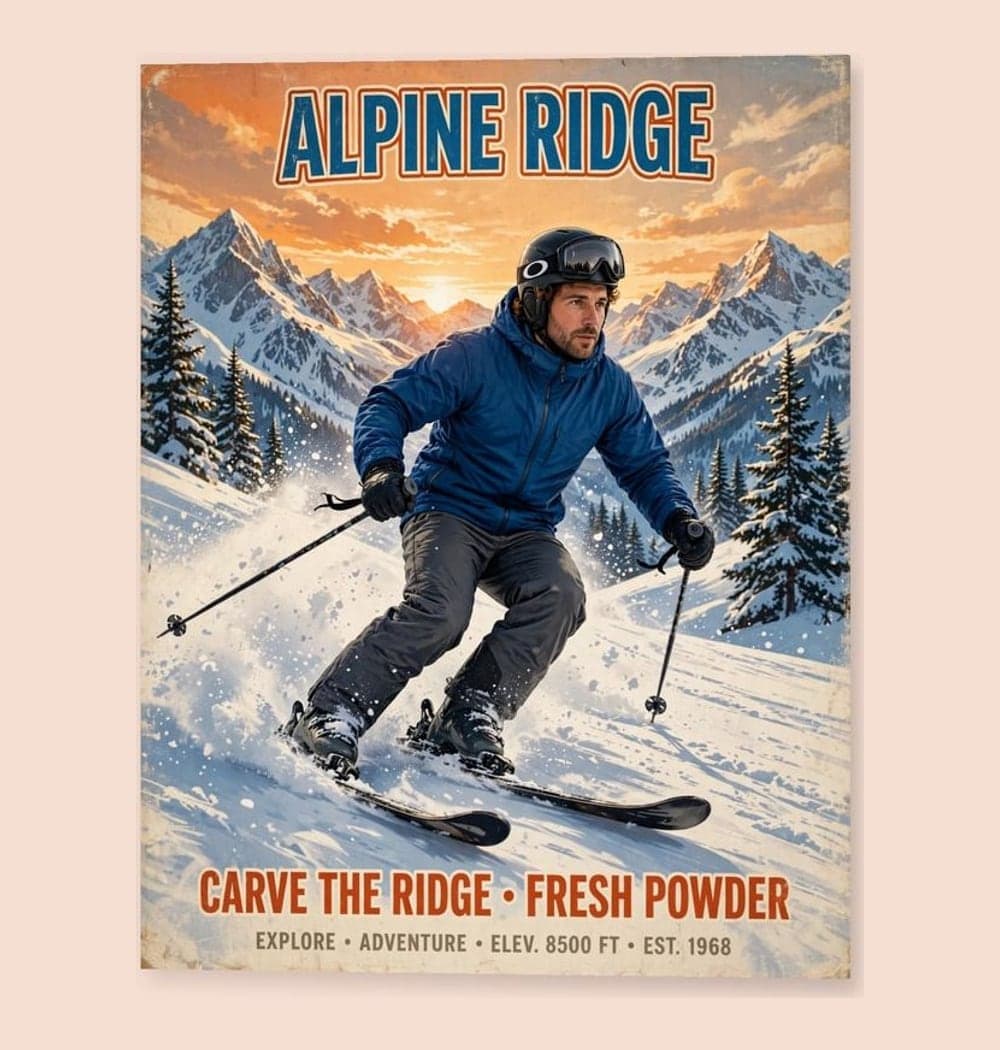A vintage winter-sports poster showing a skier or snowboarder carving through fresh snow beneath dramatic mountains, on a matte poster (example made with AI)