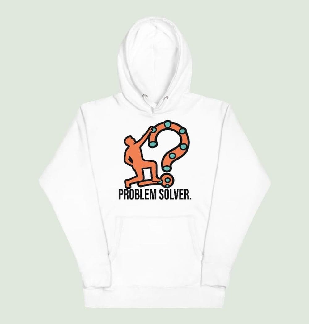 A bold graphic of a climber reaching for a final hold, with the climbing route forming a subtle question-mark shape, on a hoodie (example made with AI)