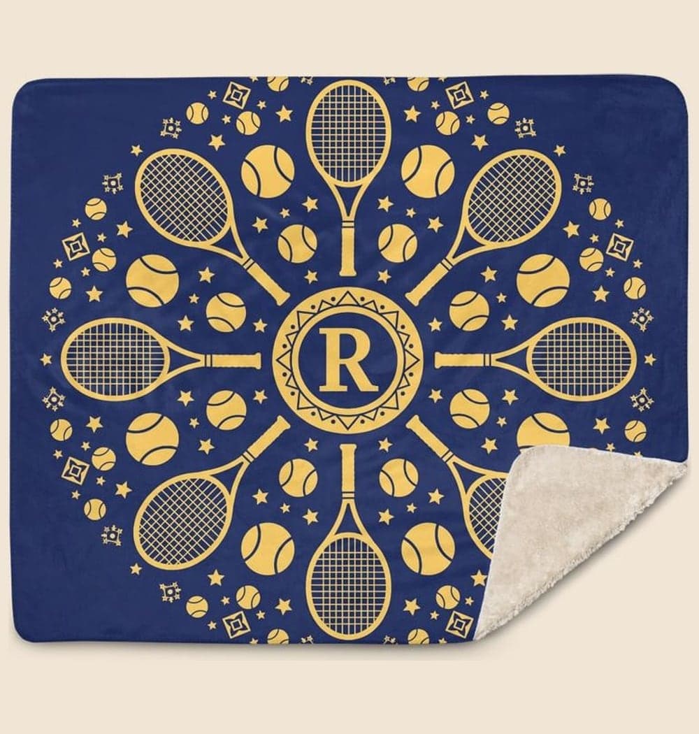 An original rotationally symmetric pattern of equipment from the favorite sport, small stars, and a central monogram, on a blanket (example made with AI)