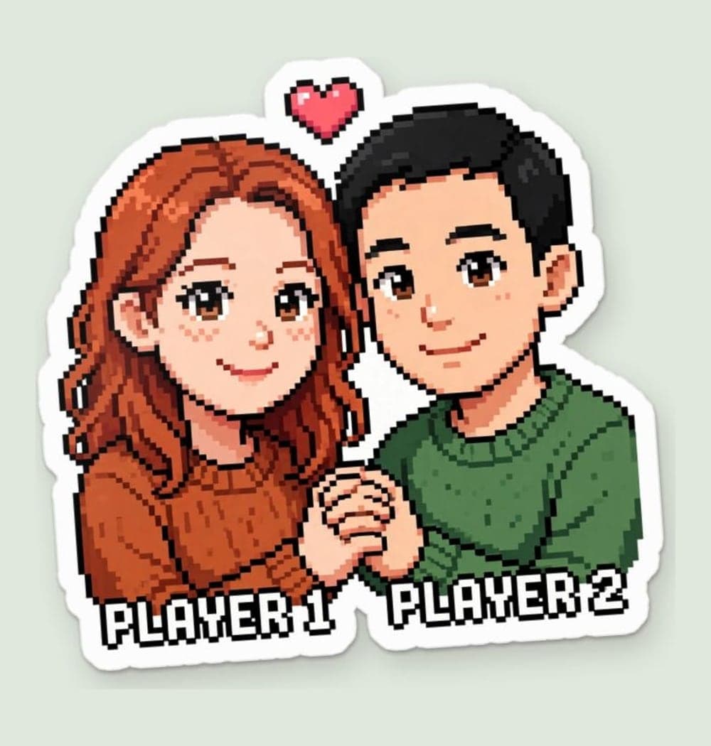 A charming pixel-art portrait of the two people in the photos holding hands beneath a small heart icon, as a sticker (example made with AI)
