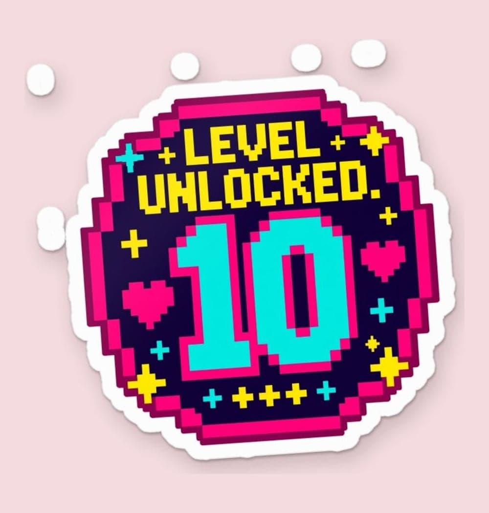 An original arcade-style birthday emblem with the supplied age as a large central number and the words “LEVEL UNLOCKED.” Add small stars, hearts, and geometric sparkles, as a sticker (example made with AI)