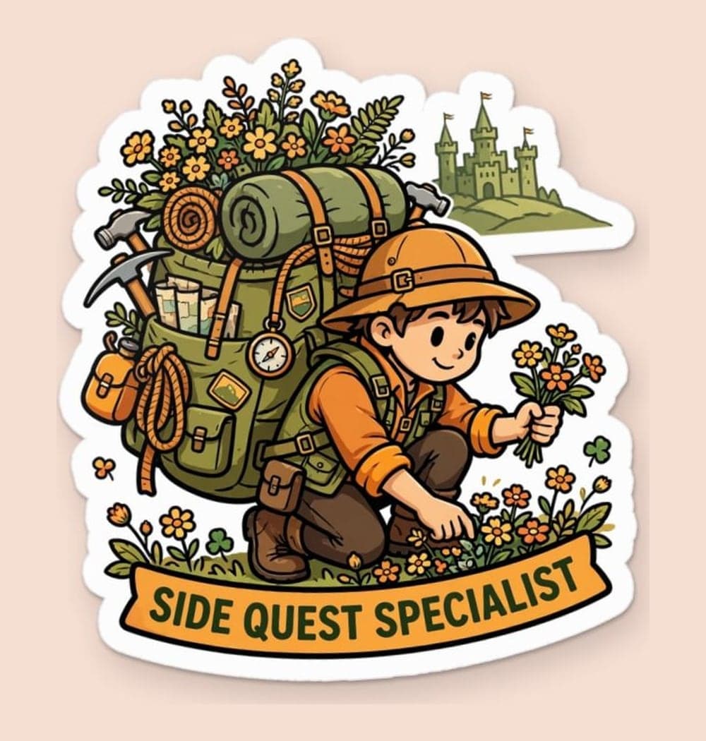 An original adventurer with an overloaded backpack collecting flowers while a distant castle waits on the horizon, as a sticker (example made with AI)