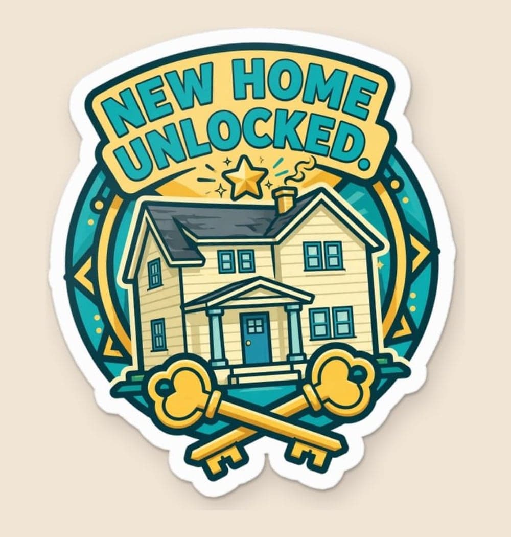 An original game-style achievement badge featuring a tiny house, two keys, and a celebratory star, as a sticker (example made with AI)