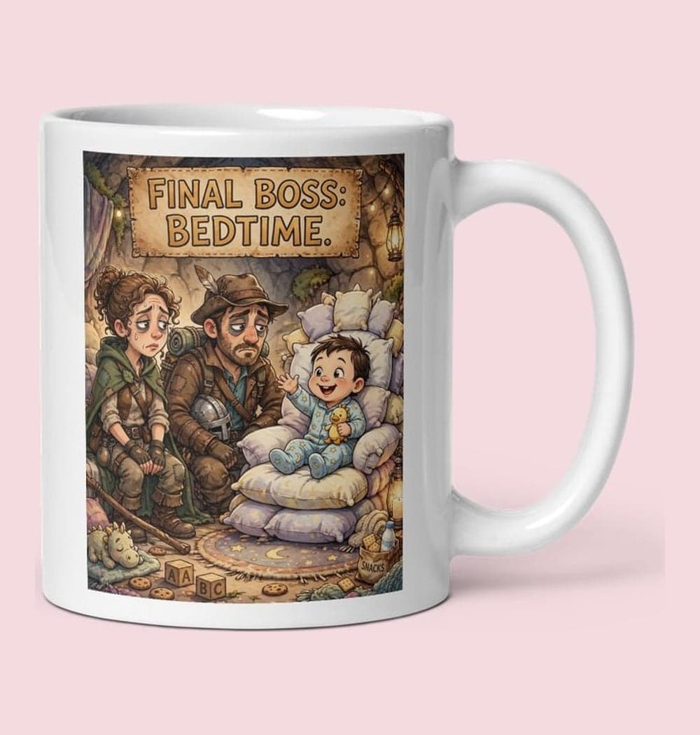 An original humorous game scene showing two tired parent adventurers facing a tiny pajama-clad baby seated on a pillow throne, on a mug (example made with AI)