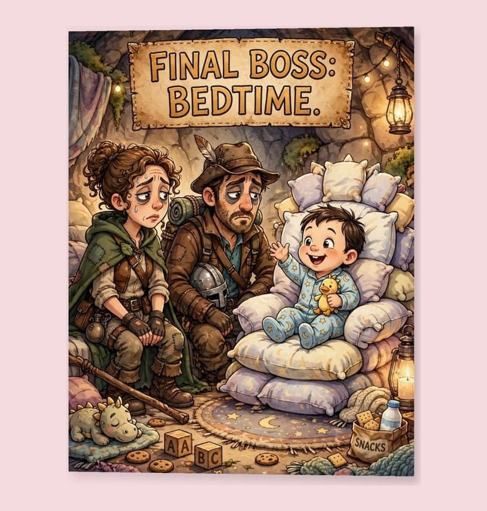 An original humorous game scene showing two tired parent adventurers facing a tiny pajama-clad baby seated on a pillow throne, on a matte poster (example made with AI)
