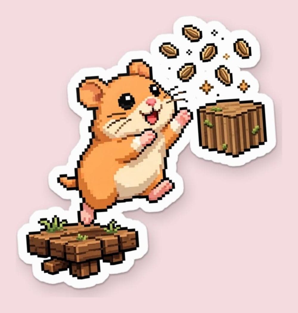 An original pixel-art version of the pet leaping between floating platforms to collect treats, as a sticker (example made with AI)