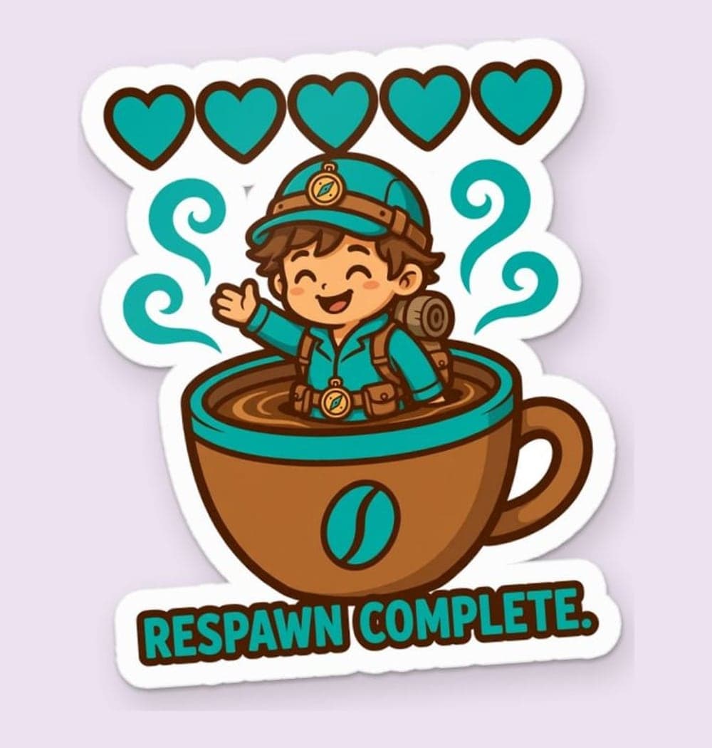 A cheerful original cartoon adventurer emerging from a giant coffee cup with a fully restored heart meter above them, as a sticker (example made with AI)