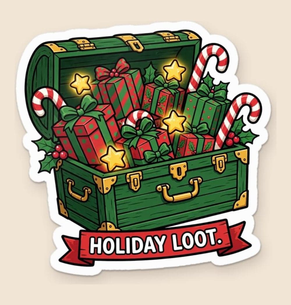 An original festive treasure chest overflowing with wrapped presents, candy canes, and glowing star-shaped tokens, as a sticker (example made with AI)