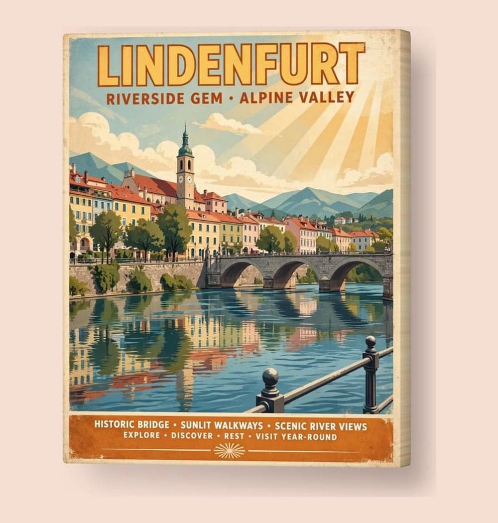 An original vintage travel poster of the favorite destination using the supplied reference photos, on a canvas (example made with AI)
