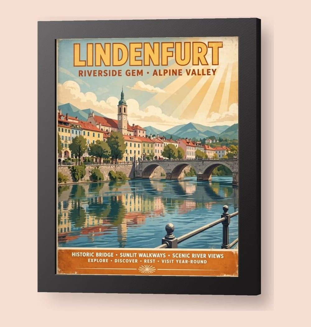An original vintage travel poster of the favorite destination using the supplied reference photos, on a framed print (example made with AI)
