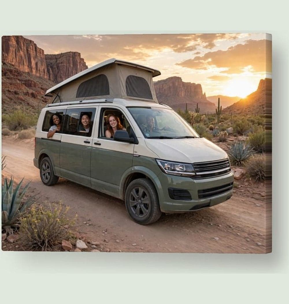 The group traveling along a scenic road in the supplied vehicle, with recognizable faces visible through the windows, on a canvas (example made with AI)