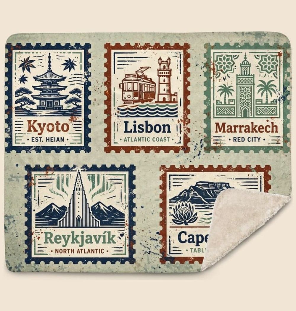 A collage of original fictional travel stamps representing the supplied destinations, with simplified landmarks and exact place names, on a blanket (example made with AI)