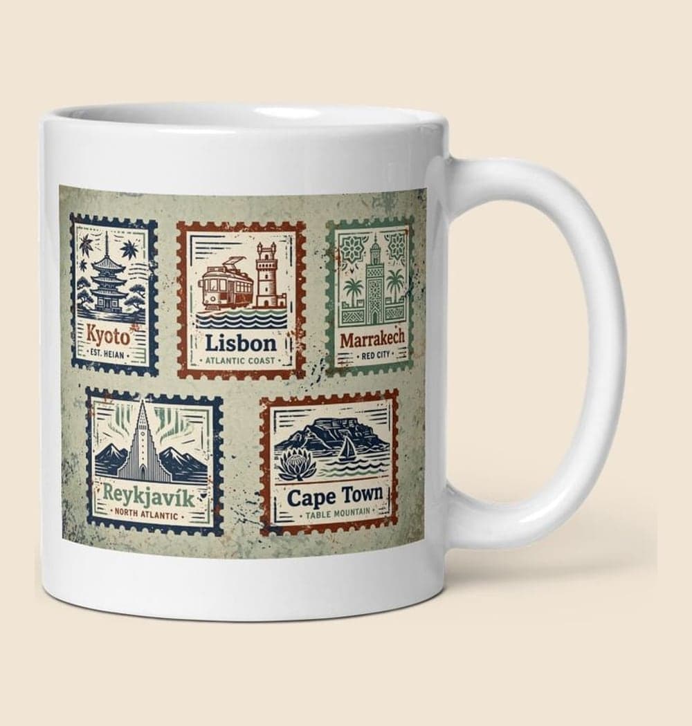 A collage of original fictional travel stamps representing the supplied destinations, with simplified landmarks and exact place names, on a mug (example made with AI)